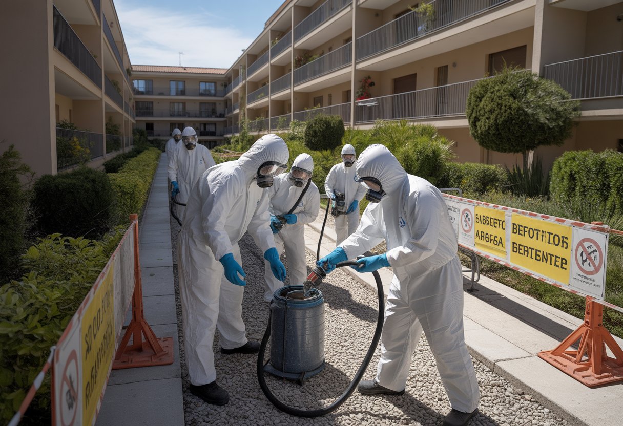 Trabajadores con equipo de protección retirando amianto en una comunidad de vecinos frente a un edificio de apartamentos.