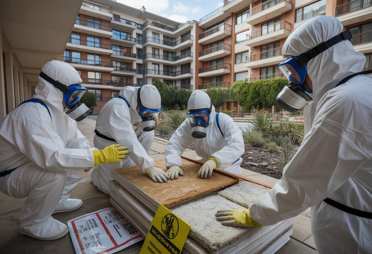 Trabajadores con equipo de protección inspeccionando materiales en un edificio residencial para retirar amianto.