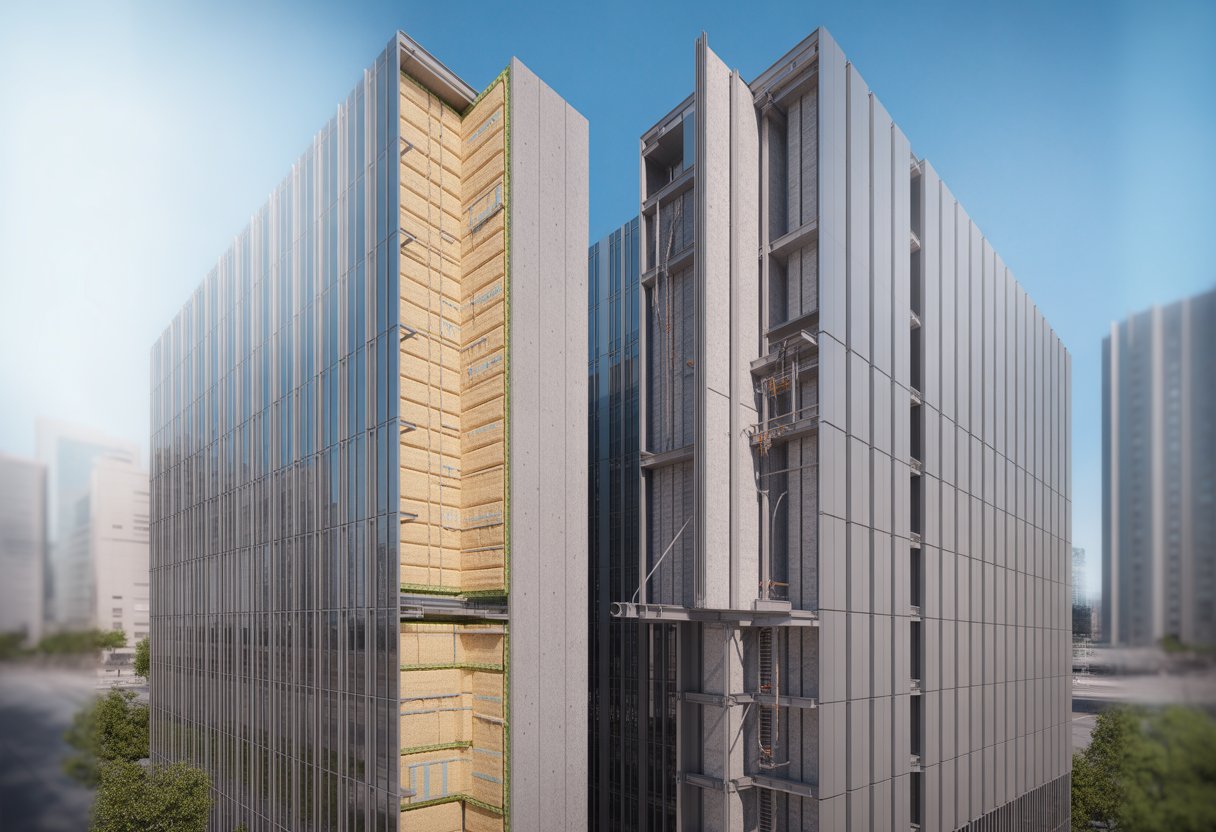 Imagen que muestra dos edificios grandes, uno con sistema SATE y otro con fachada ventilada, con detalles visibles de sus estructuras y materiales.