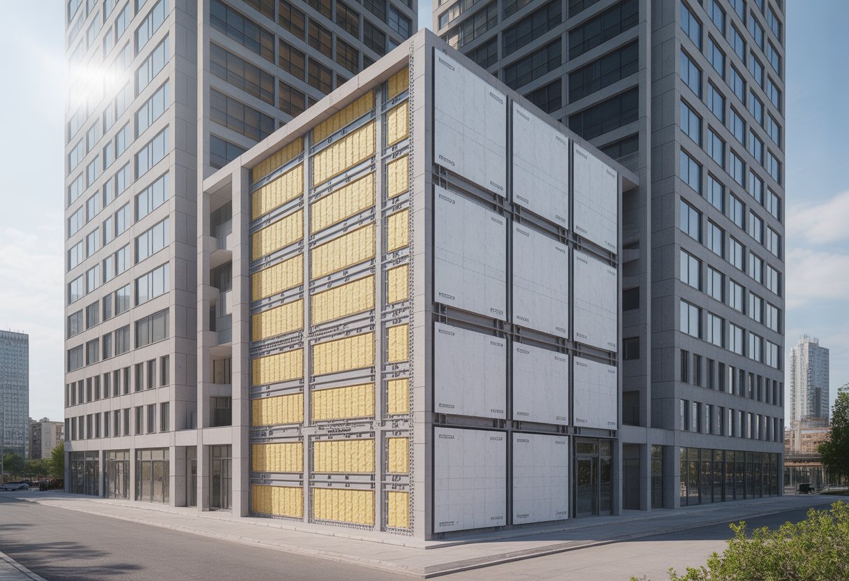 Edificio grande dividido en dos mitades que muestra los sistemas SATE y fachada ventilada con detalles de aislamiento y ventilación en la fachada.