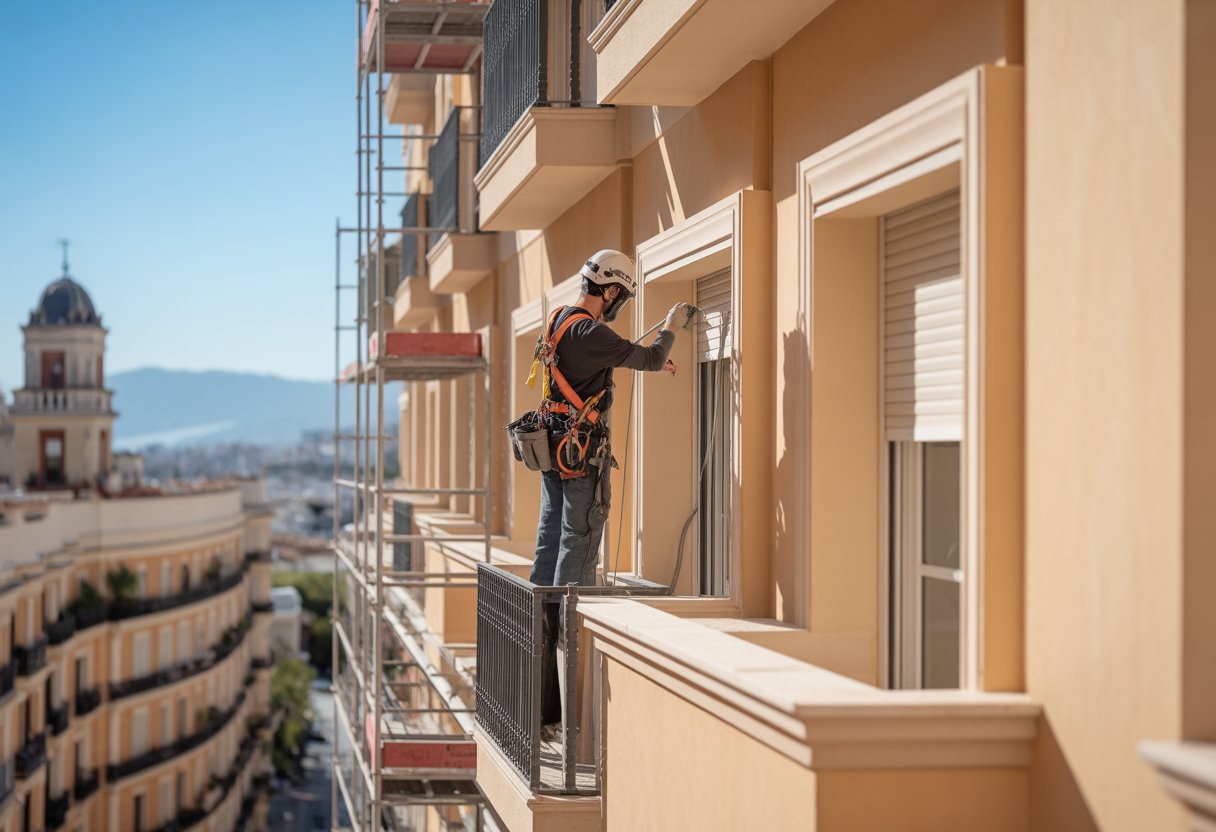 Un trabajador con equipo de seguridad inspecciona la fachada de un edificio residencial en Málaga con la ciudad y cielo despejado al fondo.